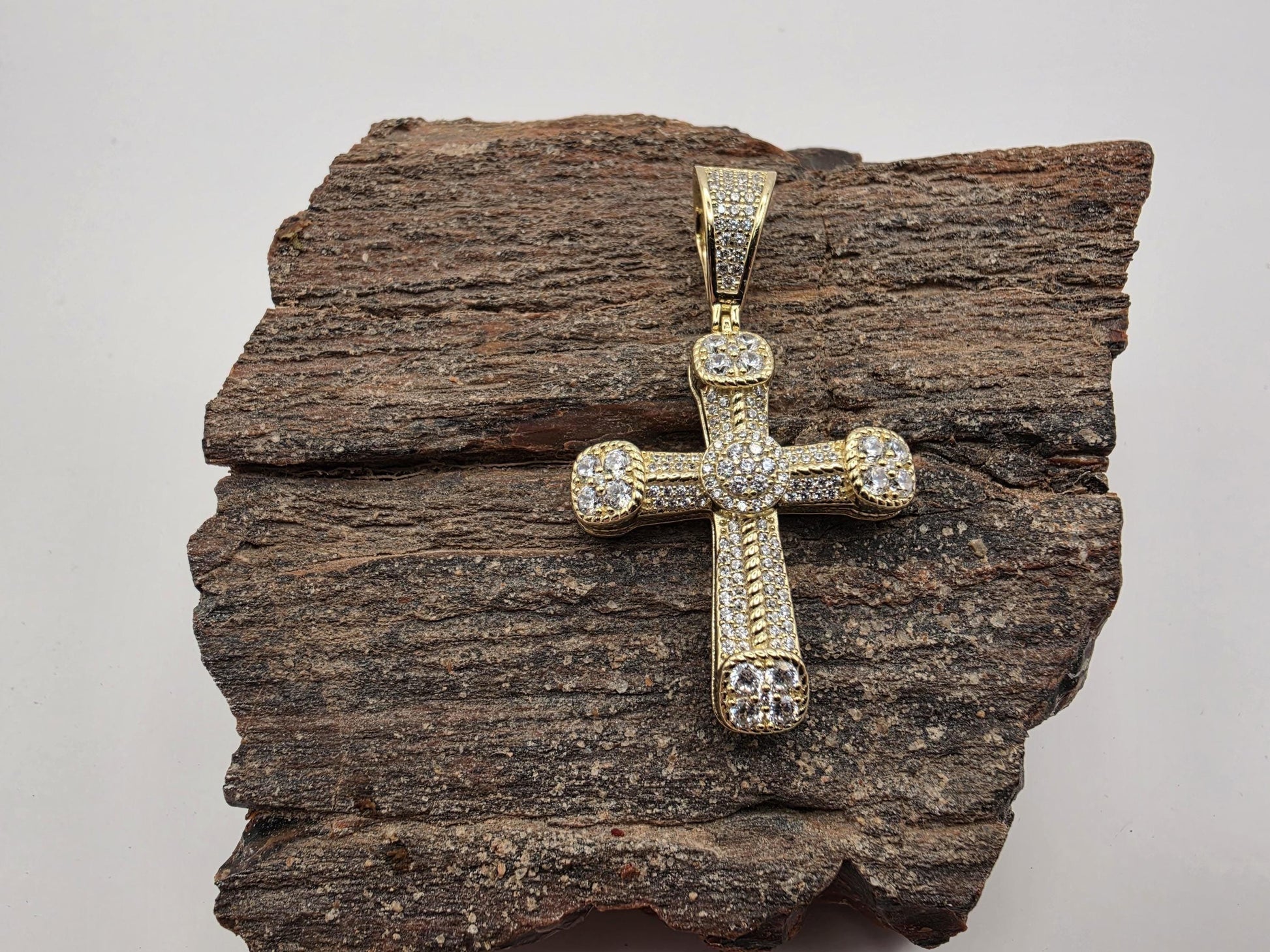 Gold Plated Sterling Silver CZ Cross Pendant | Halo Tip Clusters | Milgrain Arms | 1.25"
