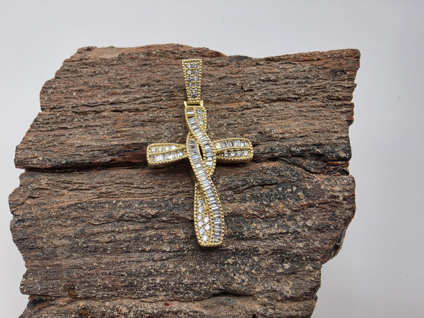 Gold Plated Sterling Silver Baguette Cross Pendant | Pave CZ Border | 1.5" Iced Cross