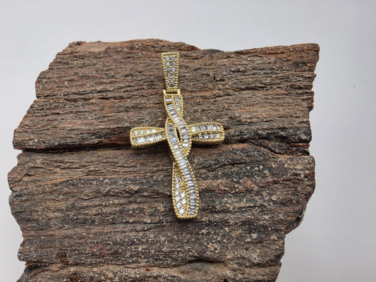Gold Plated Sterling Silver Baguette Cross Pendant | Pave CZ Border | 1.5" Iced Cross