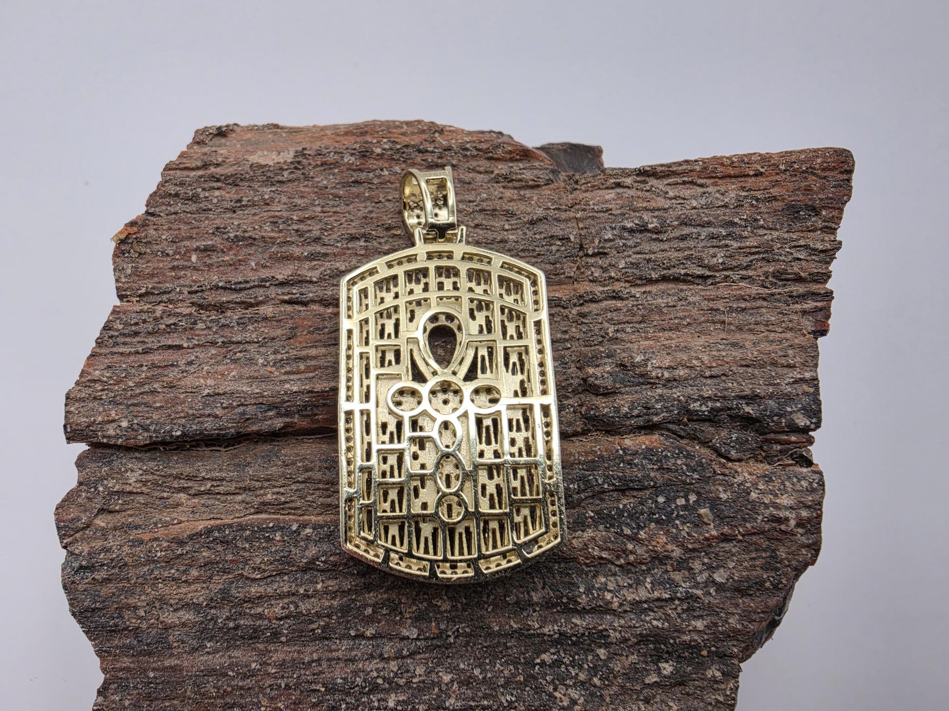 Gold Plated Sterling Silver Iced Dog Tag Pendant | Baguette CZ | Ankh Cross | 1.5"