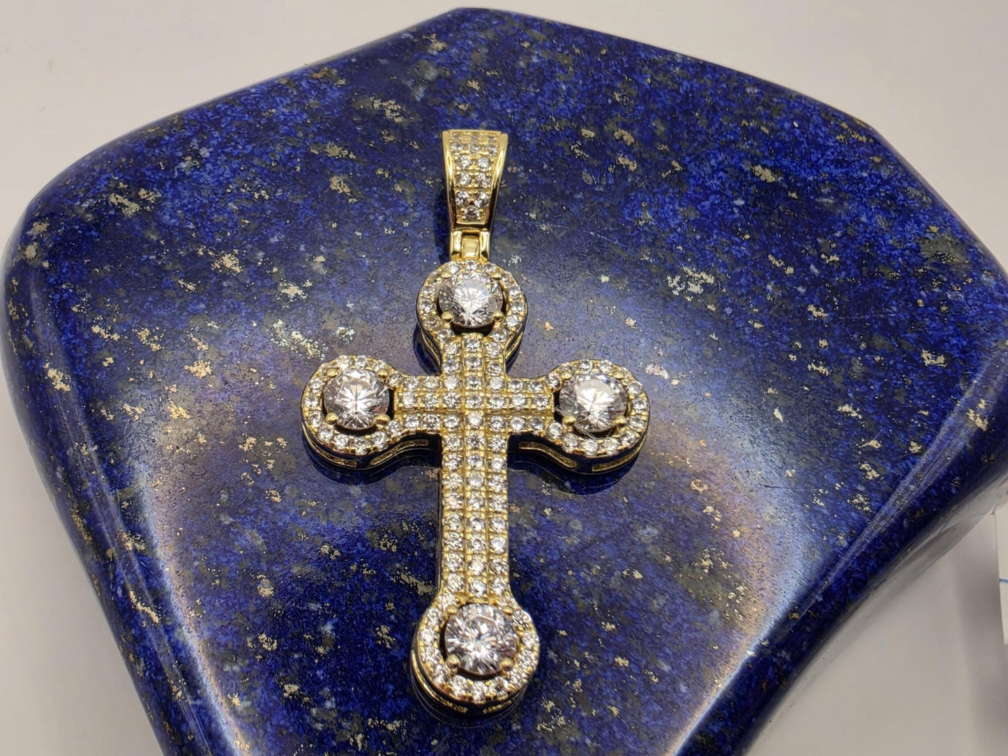 Gold Plated Sterling Silver Iced Cross Pendant | Full CZ Pave | Halo Tips | 1"