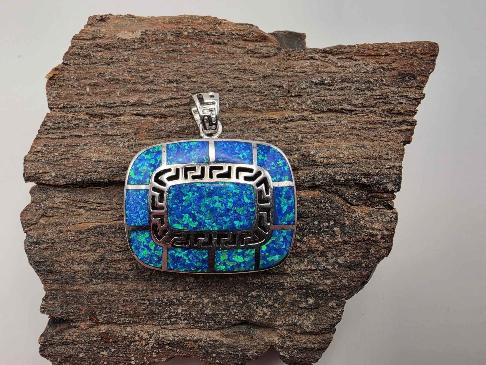 925 Sterling Silver Blue Opal Pendant | Greek Key Border | Large 1.25" Statement Piece