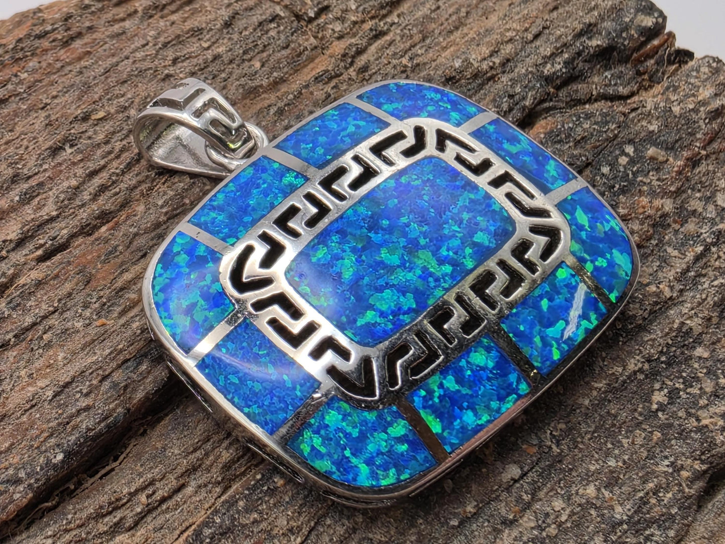 925 Sterling Silver Blue Opal Pendant | Greek Key Border | Large 1.25" Statement Piece