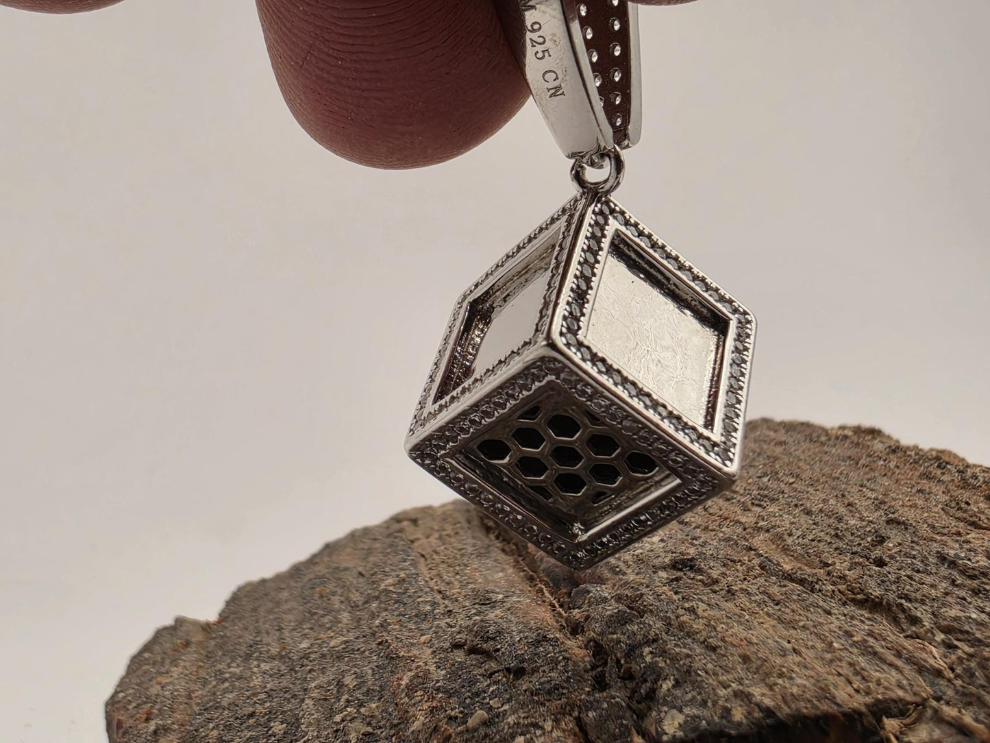 925 Sterling Silver Cube Pendant | CZ Inlay | Milgrain Border | Heavy 18g