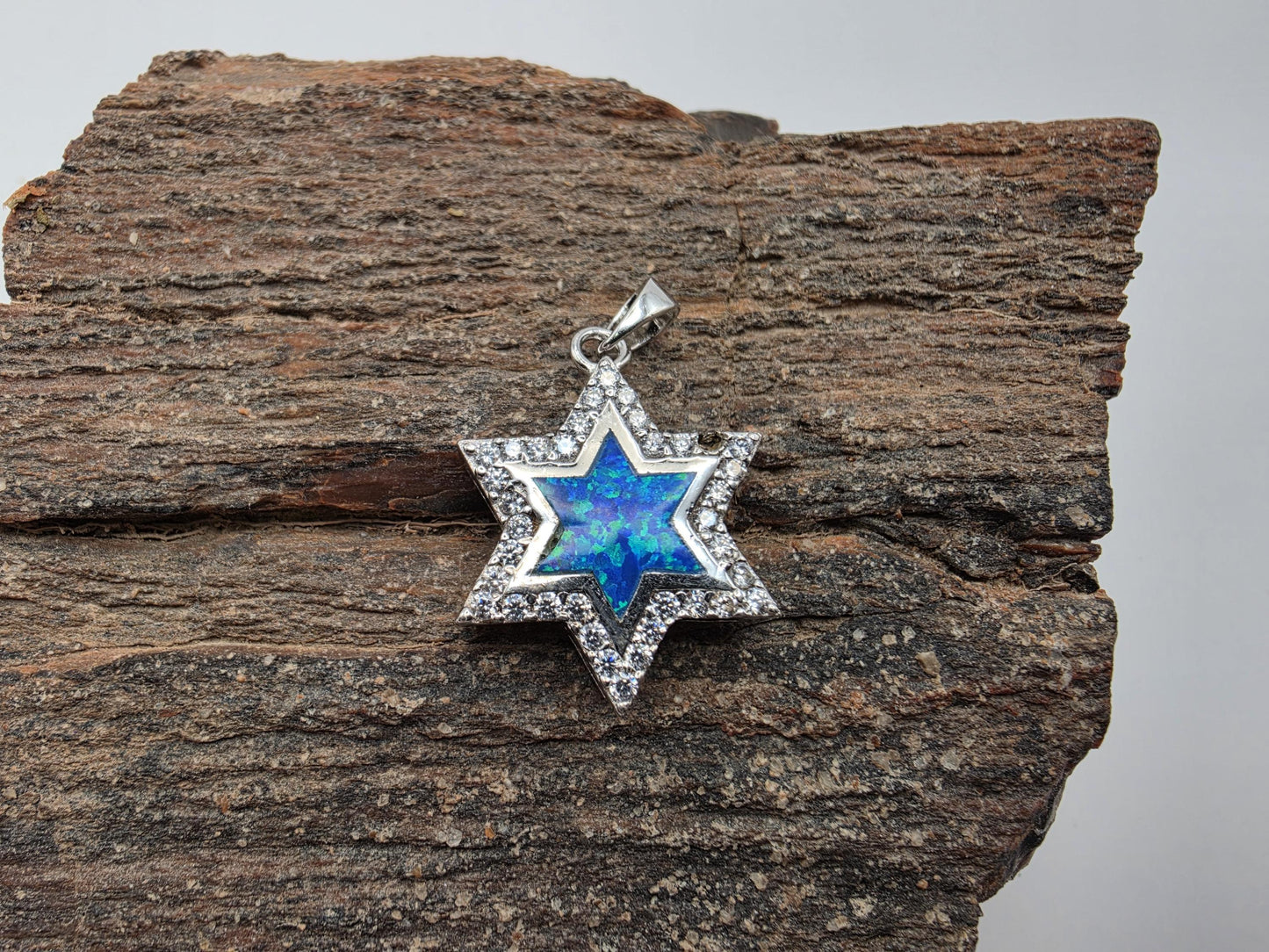 Sterling silver Star of David pendant with blue opal inlay and CZ border, bail included