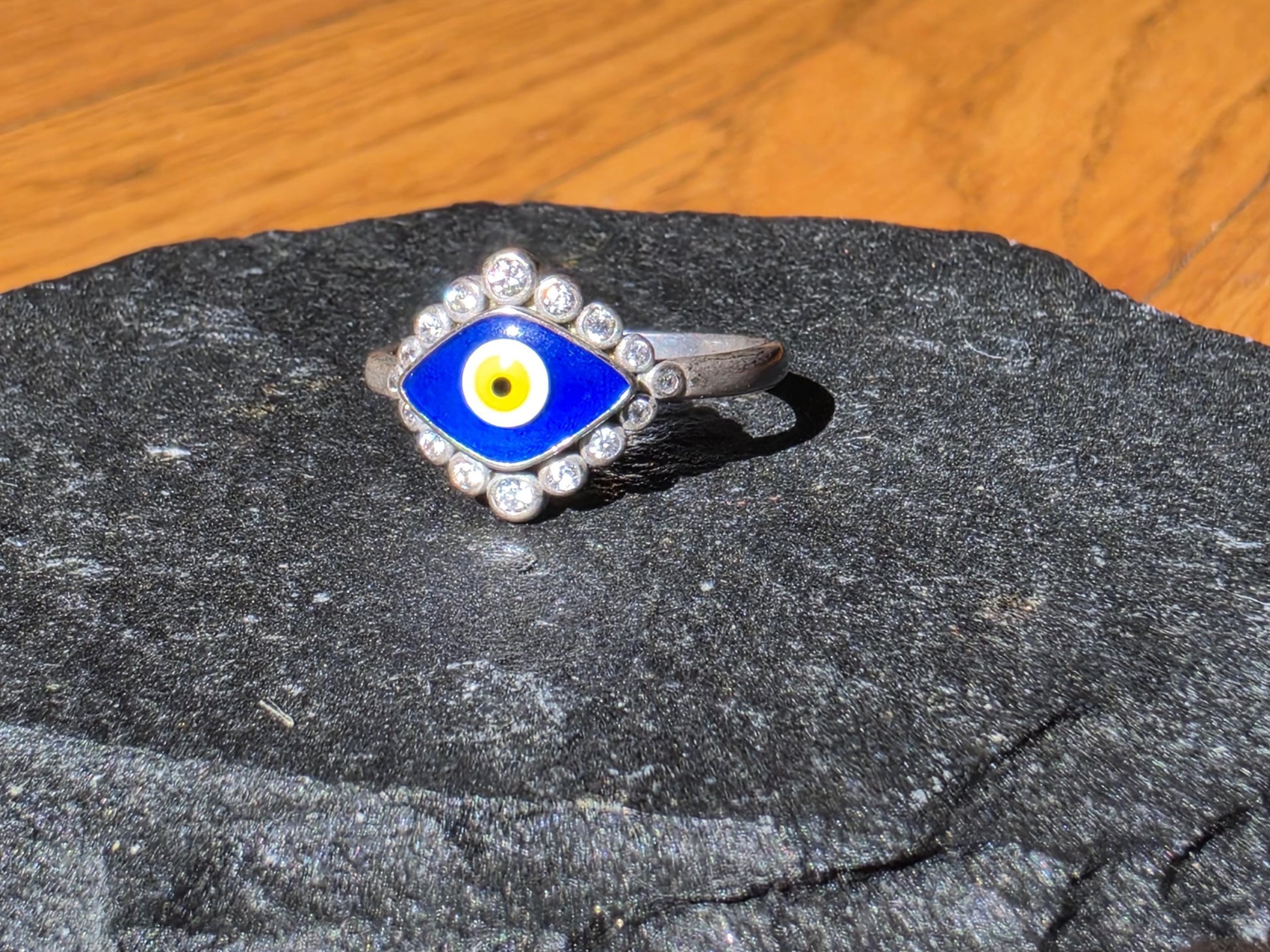 Sterling Silver Evil Eye Ring | Blue Enamel CZ Halo | 925 Silver | Multiple Sizes | Protection Ring