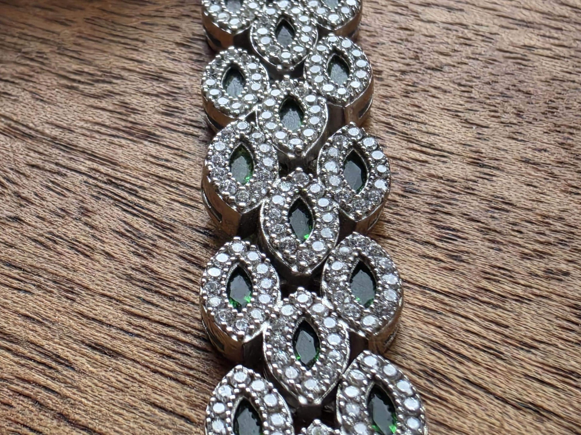 Sterling Silver CZ & Emerald Green Marquise Link Tennis Bracelet — 7.5 Inch Statement Bracelet — 33g 925 Silver — Bridal, Anniversary Gift