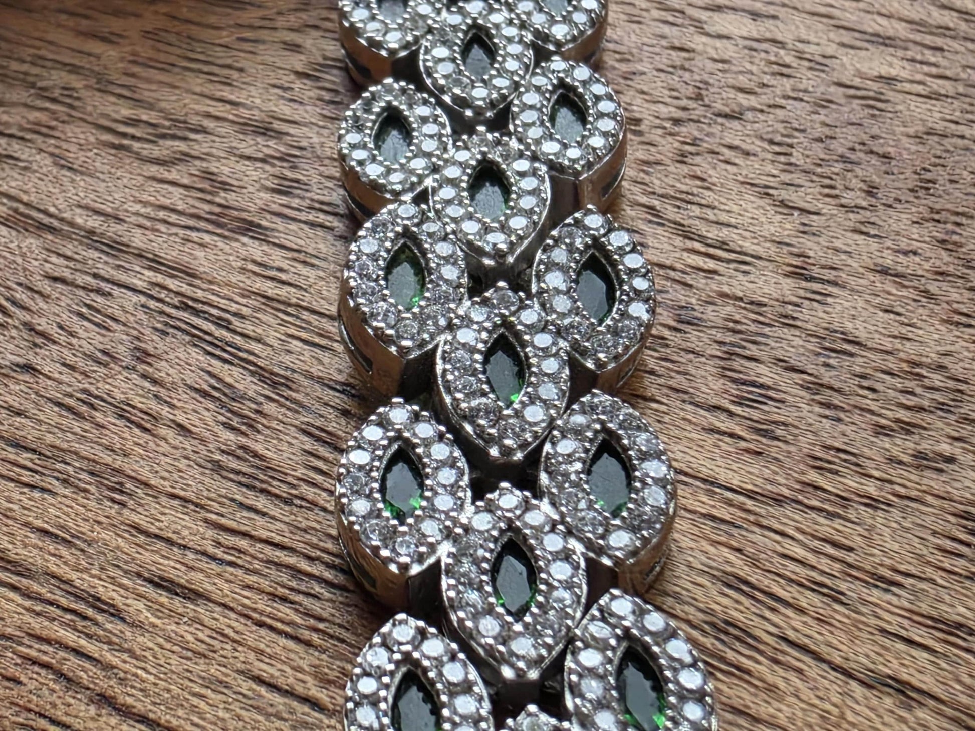 Sterling Silver CZ & Emerald Green Marquise Link Tennis Bracelet — 7.5 Inch Statement Bracelet — 33g 925 Silver — Bridal, Anniversary Gift