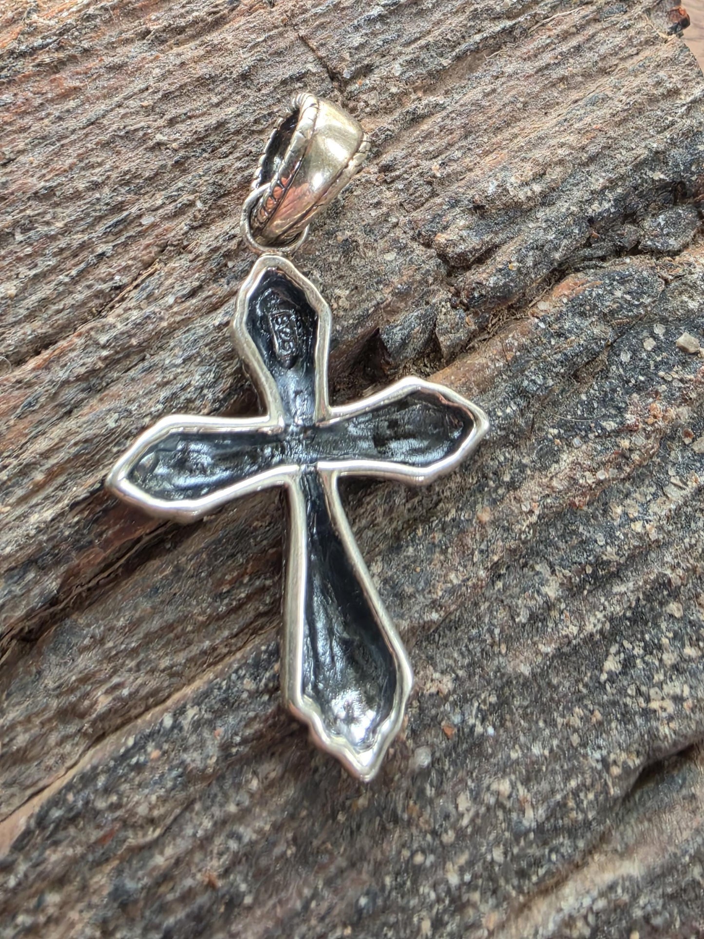 Sterling Silver Hammered Rope Edge Cross Pendant — 6g 925 Silver — 1.33 Inch Oxidized Cross — Western, Rustic, Artisan Cross Necklace