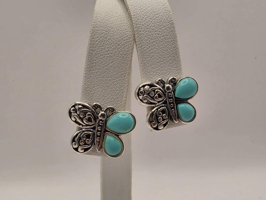 Sterling Silver Butterfly Stud Earrings | 925 Silver Turquoise Filigree Studs 17mm
