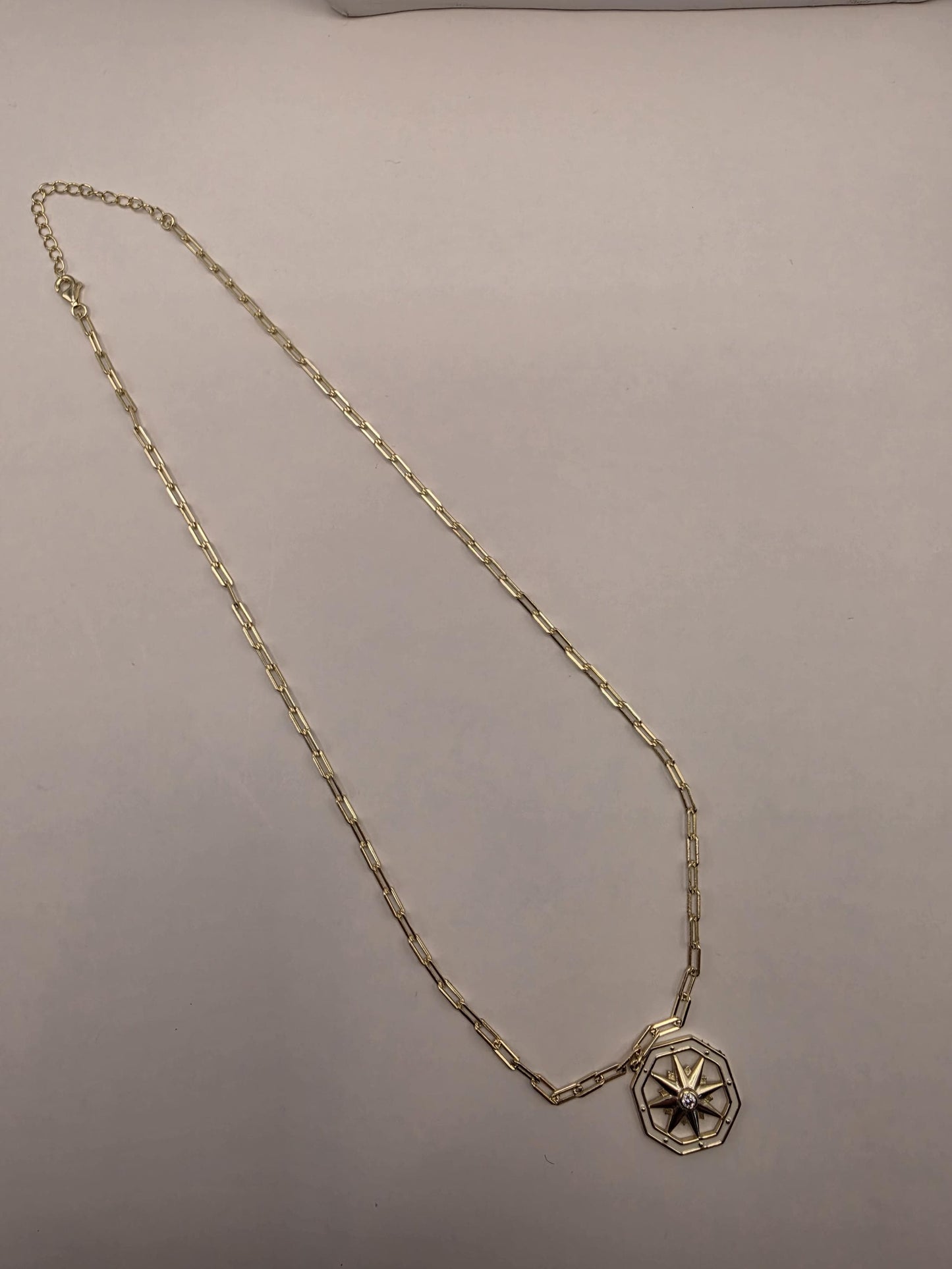 Gold Plated Compass Star Necklace | 925 Silver | 18 Inch Paperclip Chain | Octagon Star Pendant | .75 Inch