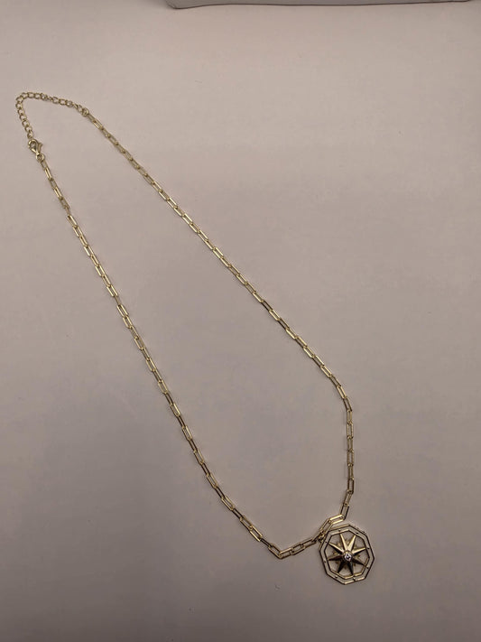 Gold Plated Compass Star Necklace | 925 Silver | 18 Inch Paperclip Chain | Octagon Star Pendant | .75 Inch