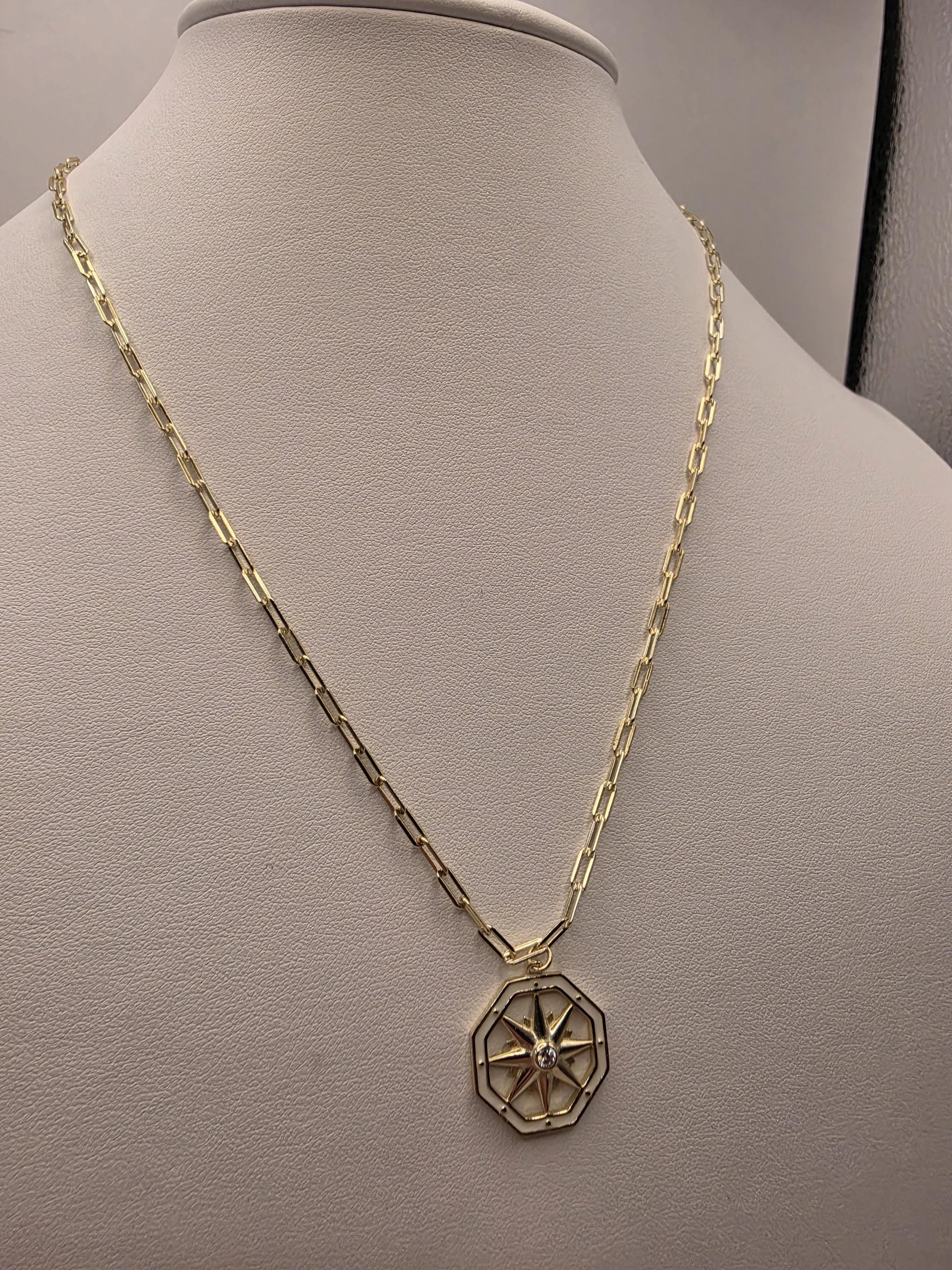 Gold Plated Compass Star Necklace | 925 Silver | 18 Inch Paperclip Chain | Octagon Star Pendant | .75 Inch