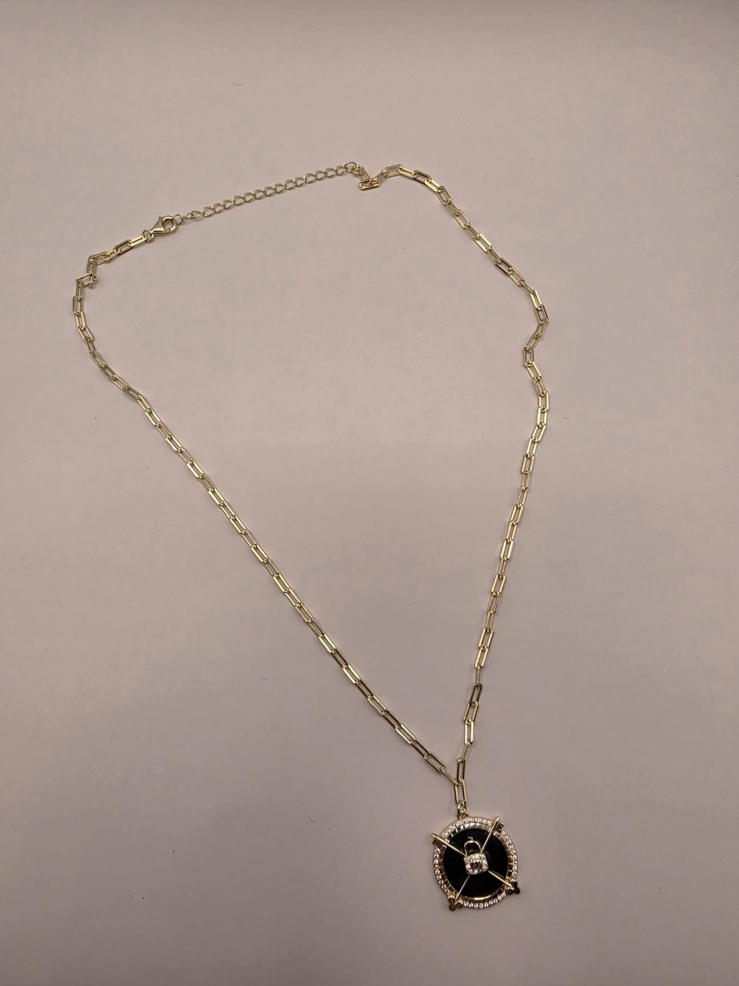 Gold Plated Black Enamel Compass Medallion Necklace | 925 Silver | 18 Inch Paperclip Chain | .75 Inch Pendant