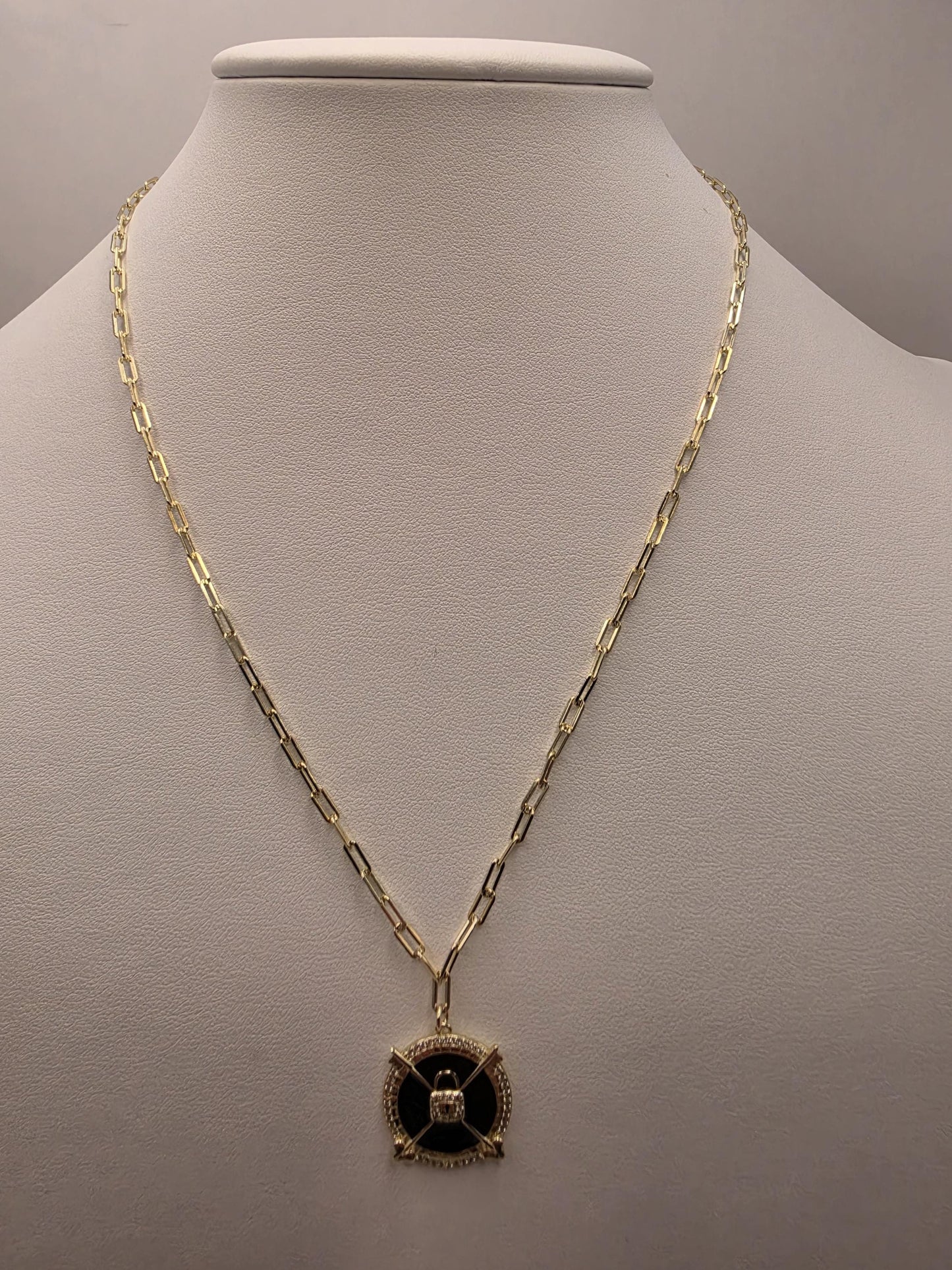 Gold Plated Black Enamel Compass Medallion Necklace | 925 Silver | 18 Inch Paperclip Chain | .75 Inch Pendant | Layering Necklace