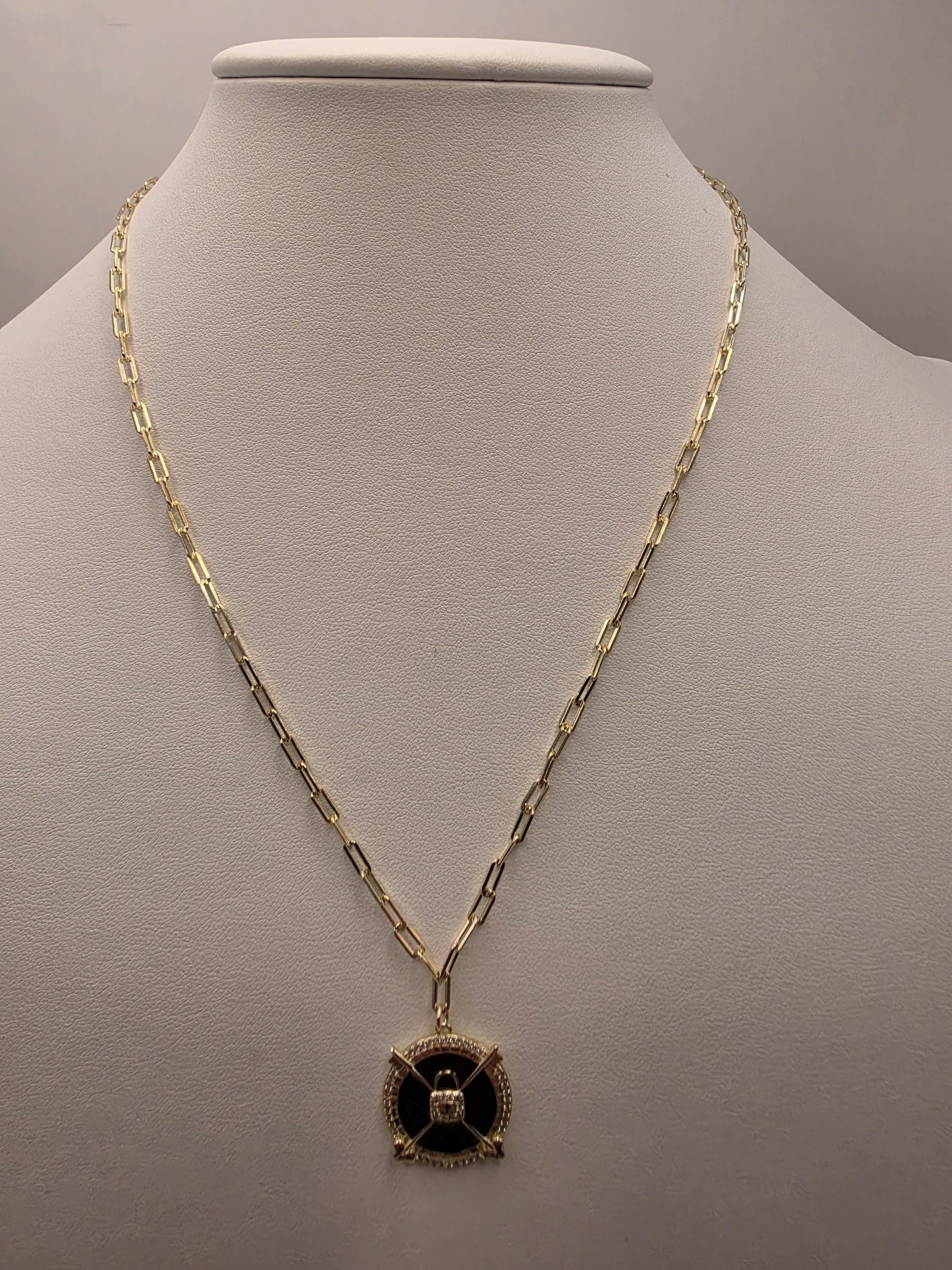 Gold Plated Black Enamel Compass Medallion Necklace | 925 Silver | 18 Inch Paperclip Chain | .75 Inch Pendant | Layering Necklace