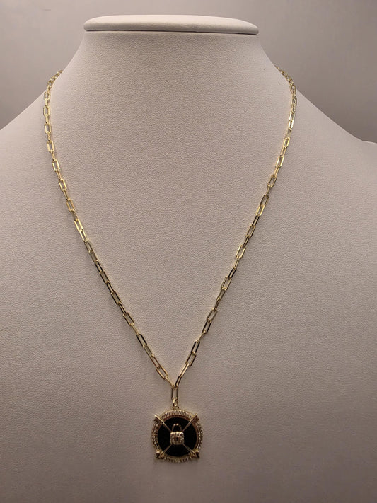 Gold Plated Black Enamel Compass Medallion Necklace | 925 Silver | 18 Inch Paperclip Chain | .75 Inch Pendant | Layering Necklace