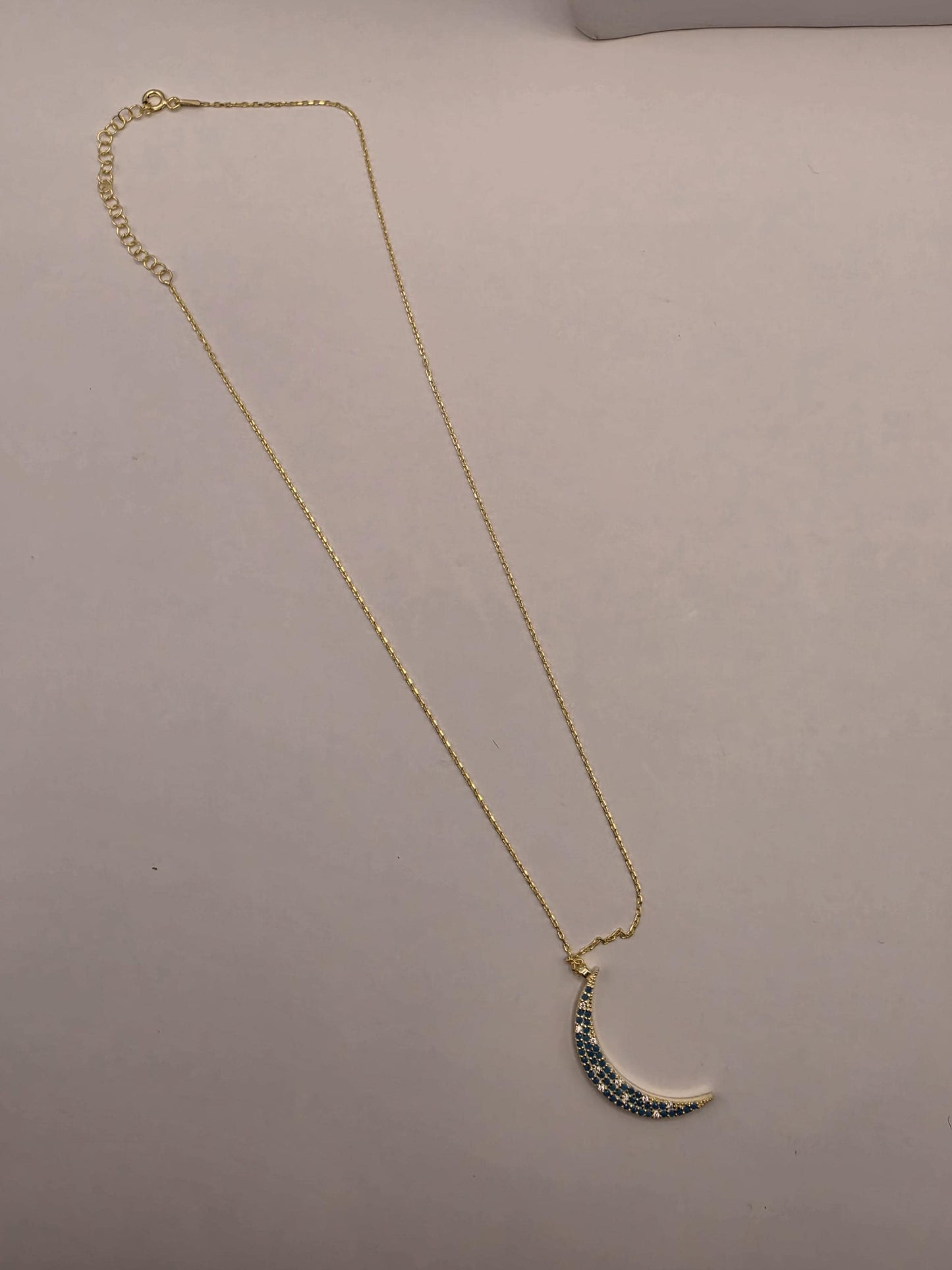 Gold Plated Blue CZ Crescent Moon Necklace | 925 Silver | 18 Inch Cable Chain | Pave Moon Pendant | 1.25 Inch | Layering Necklace
