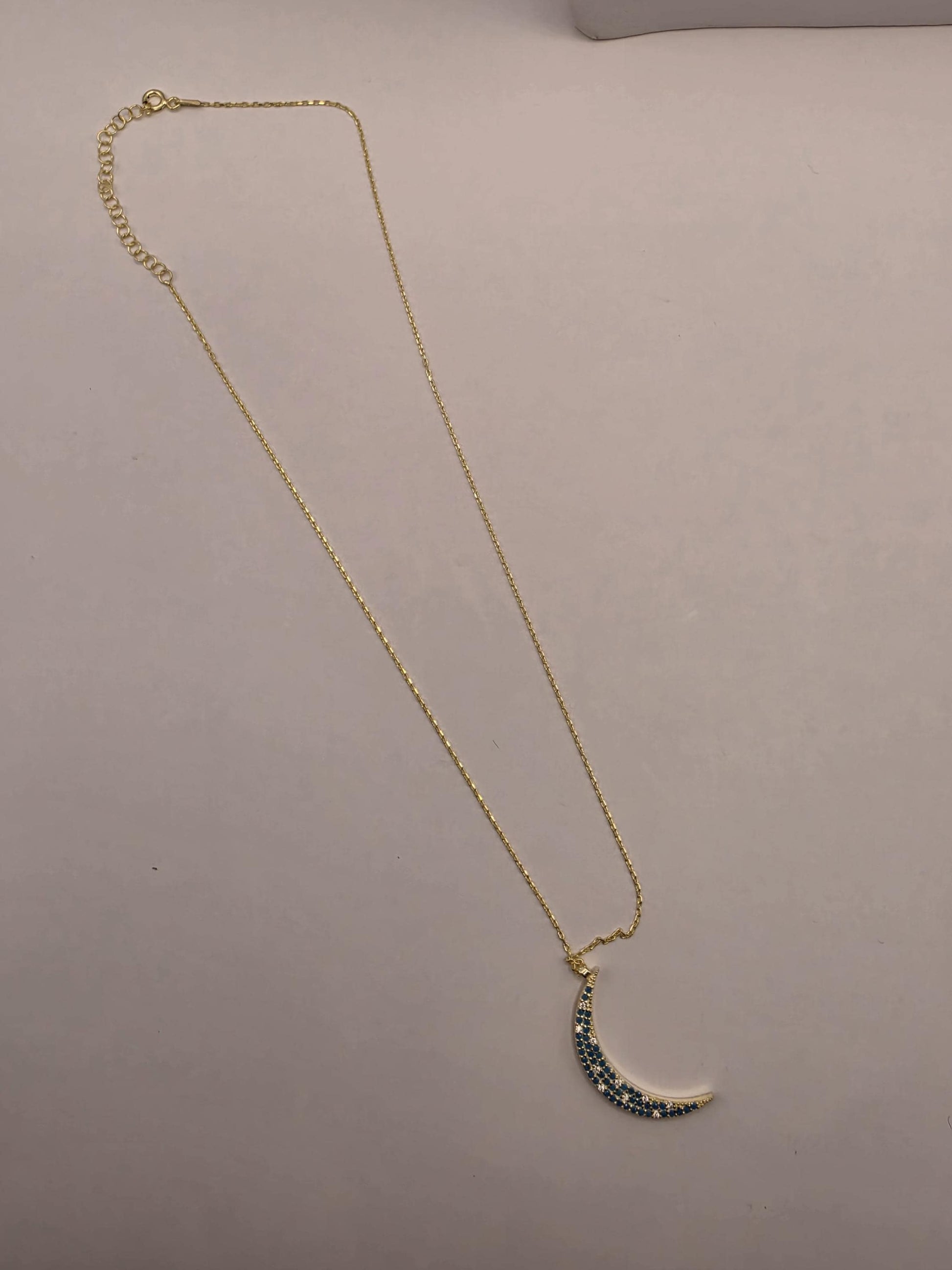 Gold Plated Blue CZ Crescent Moon Necklace | 925 Silver | 18 Inch Cable Chain | Pave Moon Pendant | 1.25 Inch | Layering Necklace