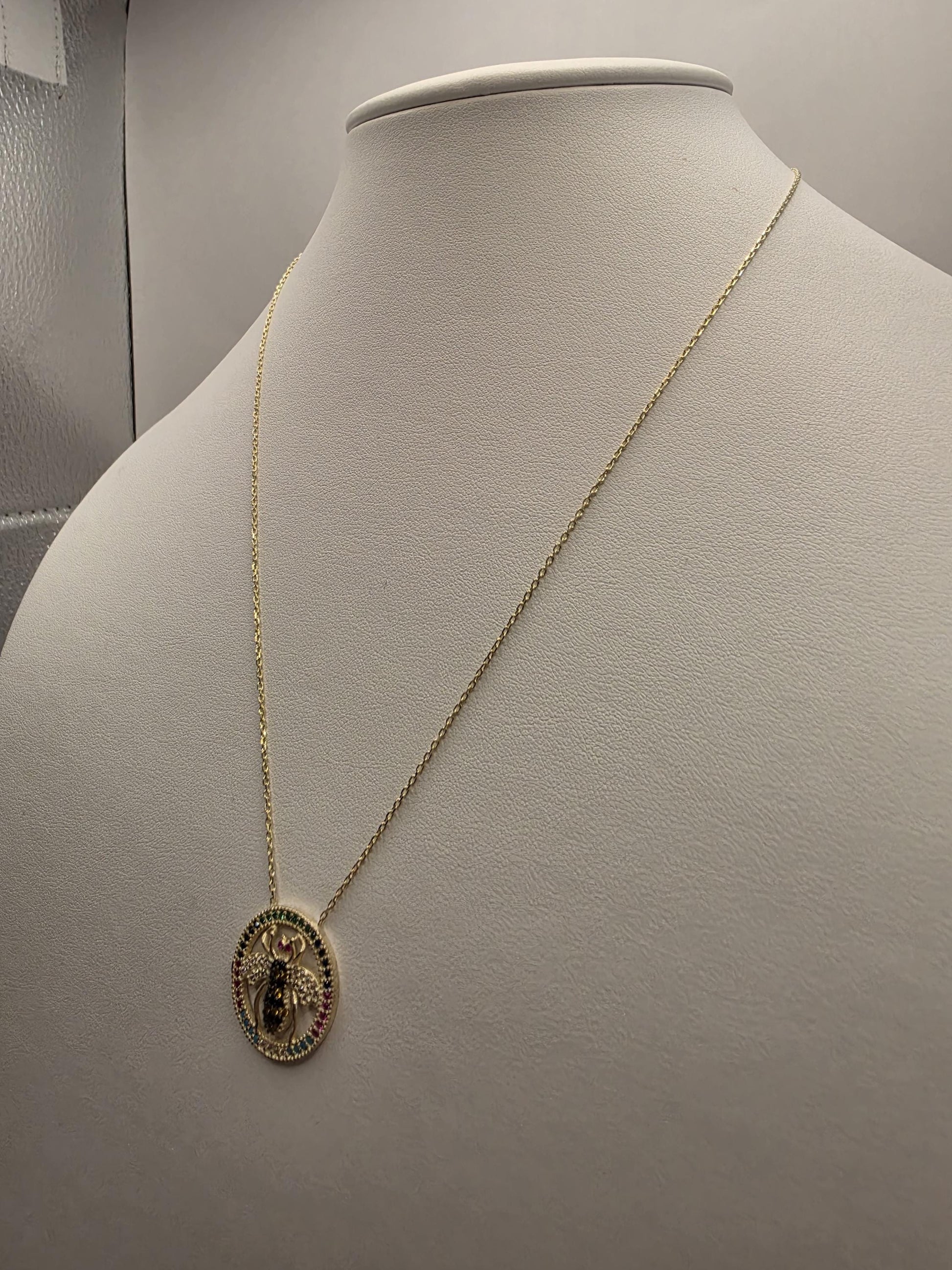 Gold Plated Multicolor CZ Bee Medallion Necklace | 925 Silver | 18 Inch | Rainbow CZ Circle Frame | 20mm
