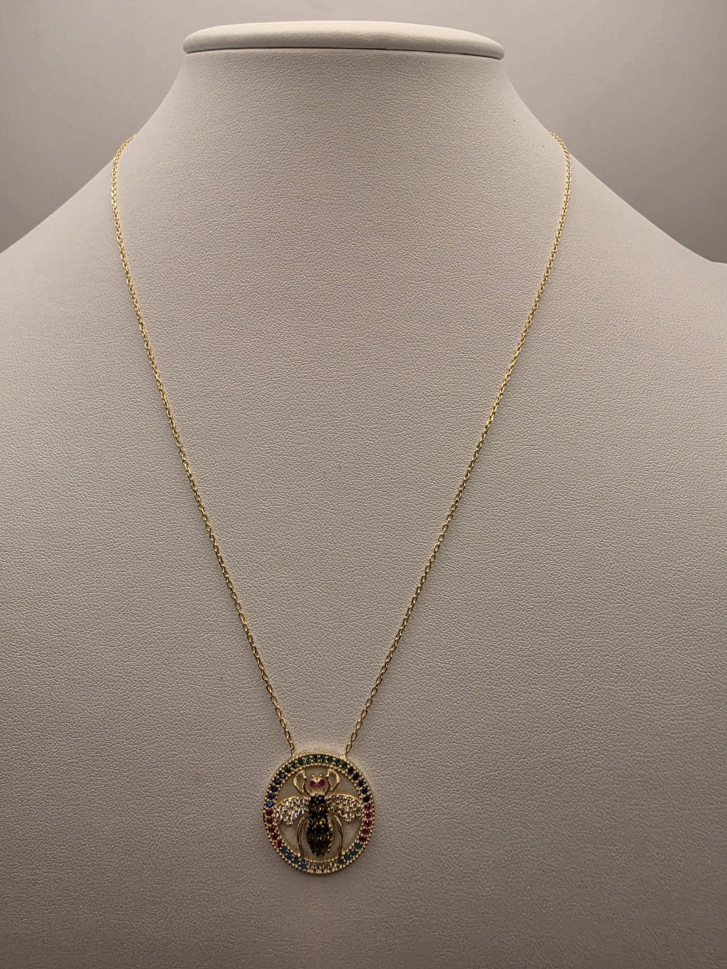 Gold Plated Multicolor CZ Bee Medallion Necklace | 925 Silver | 18 Inch | Rainbow CZ Circle Frame | 20mm