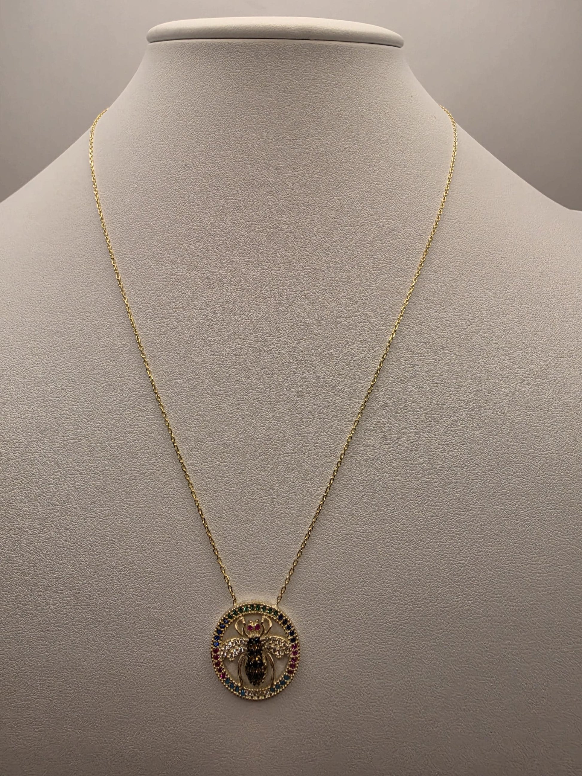Gold Plated Multicolor CZ Bee Medallion Necklace | 925 Silver | 18 Inch | Rainbow CZ Circle Frame | 20mm
