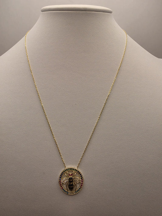 Gold Plated Multicolor CZ Bee Medallion Necklace | 925 Silver | 18 Inch | Rainbow CZ Circle Frame | 20mm