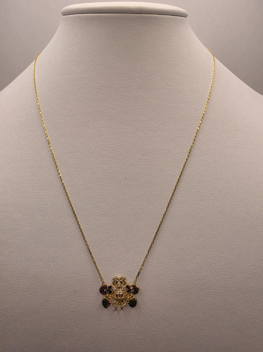 Gold Plated Multicolor CZ Beetle Necklace | 925 Silver | 18 Inch Cable Chain | Bug Charm Pendant | .5 Inch