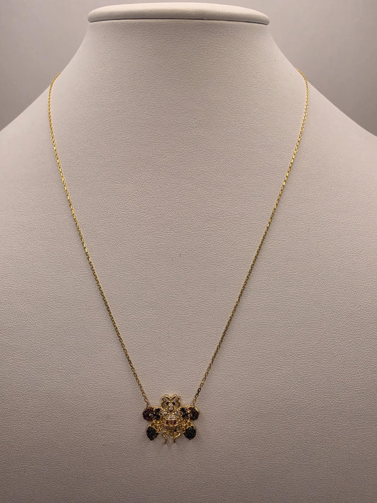 Gold Plated Multicolor CZ Beetle Necklace | 925 Silver | 18 Inch Cable Chain | Bug Charm Pendant | .5 Inch | Layering Necklace