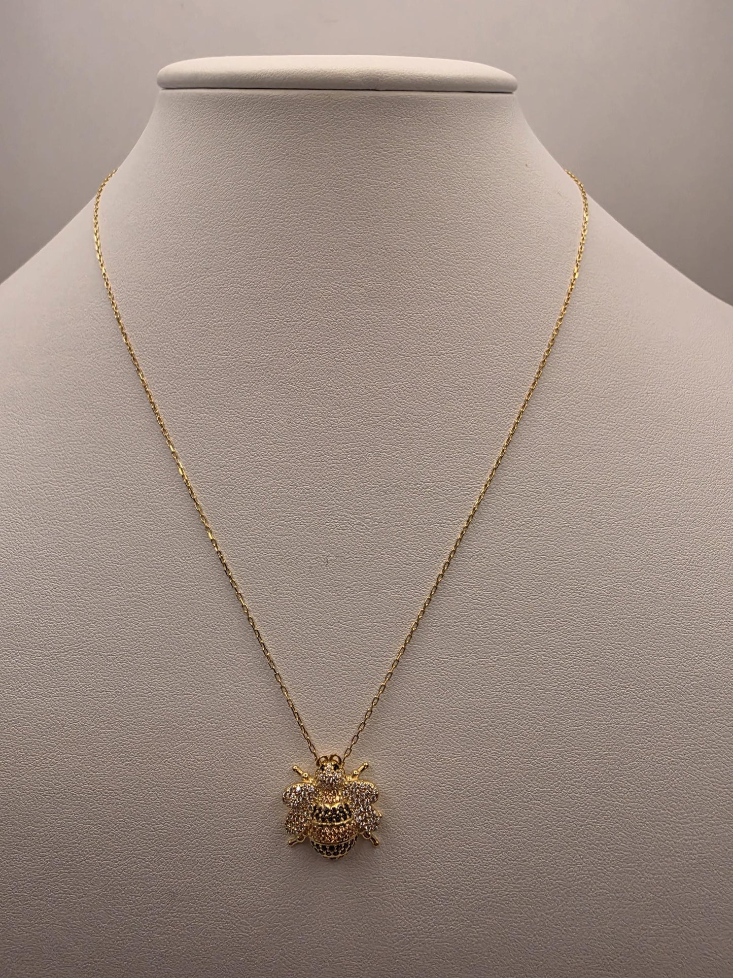 Gold Plated CZ Pave Bumblebee Pendant Necklace | 925 Silver | 17 Inch Cable Chain | .5 Inch Bee Charm | Layering Necklace | Gift for Her