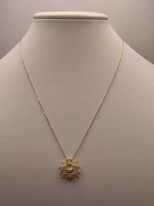 Gold Plated CZ Pave Bumblebee Pendant Necklace | 925 Silver | 17 Inch Cable Chain | .5 Inch Bee Charm | Layering Necklace | Gift for Her