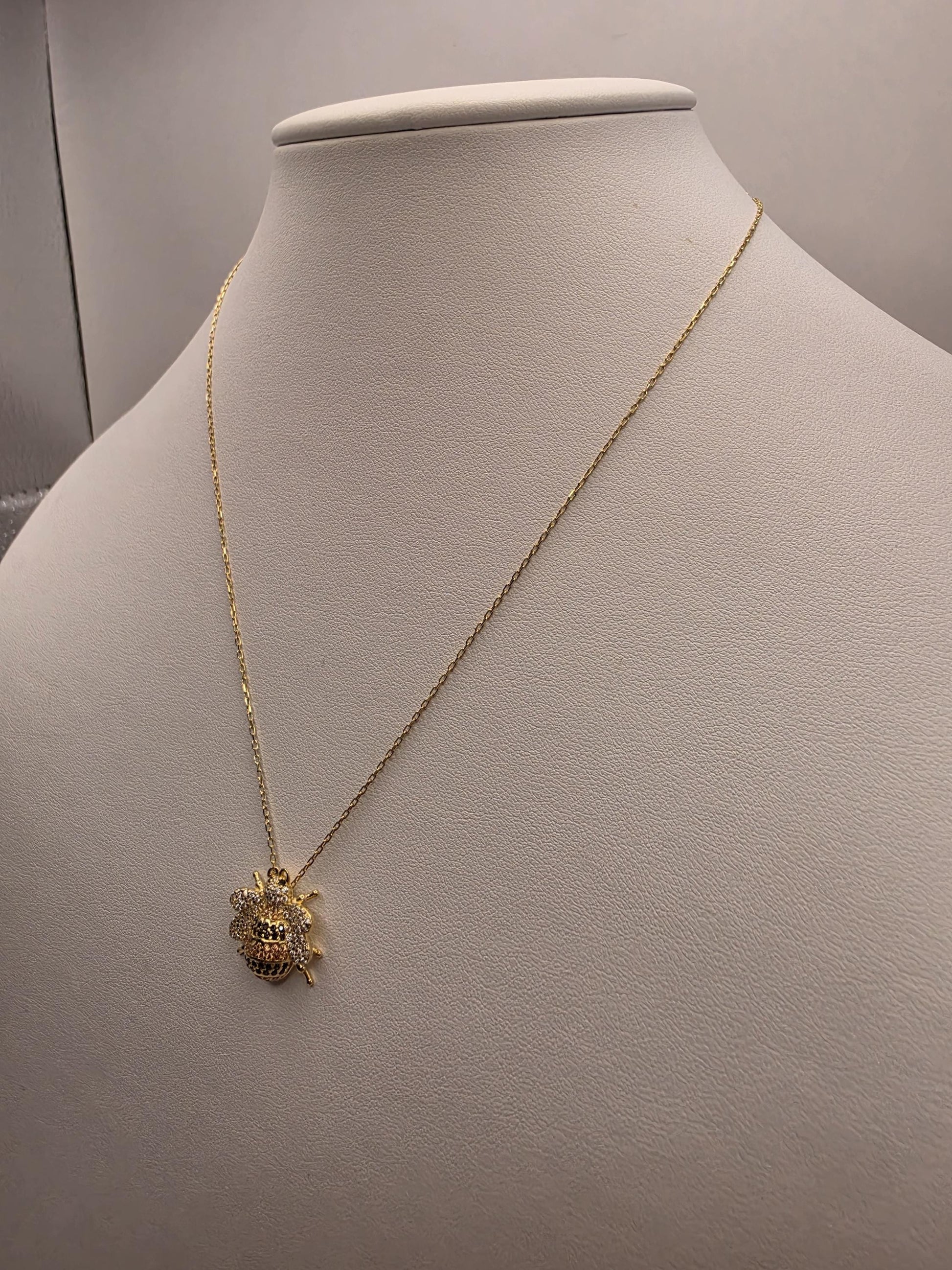 Gold Plated CZ Pave Bumblebee Pendant Necklace | 925 Silver | 17 Inch Cable Chain | .5 Inch Bee Charm | Layering Necklace | Gift for Her