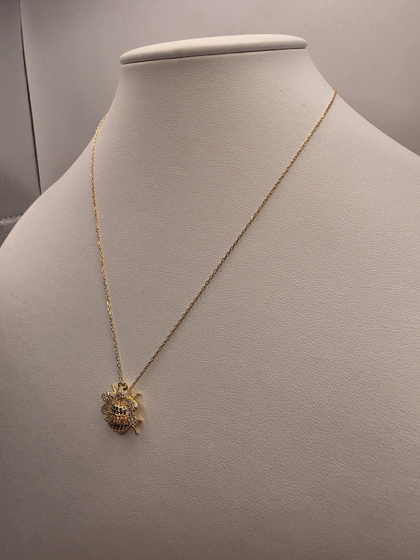 Gold Plated CZ Pave Bumblebee Pendant Necklace | 925 Silver | 17 Inch Cable Chain | .5 Inch Bee Charm