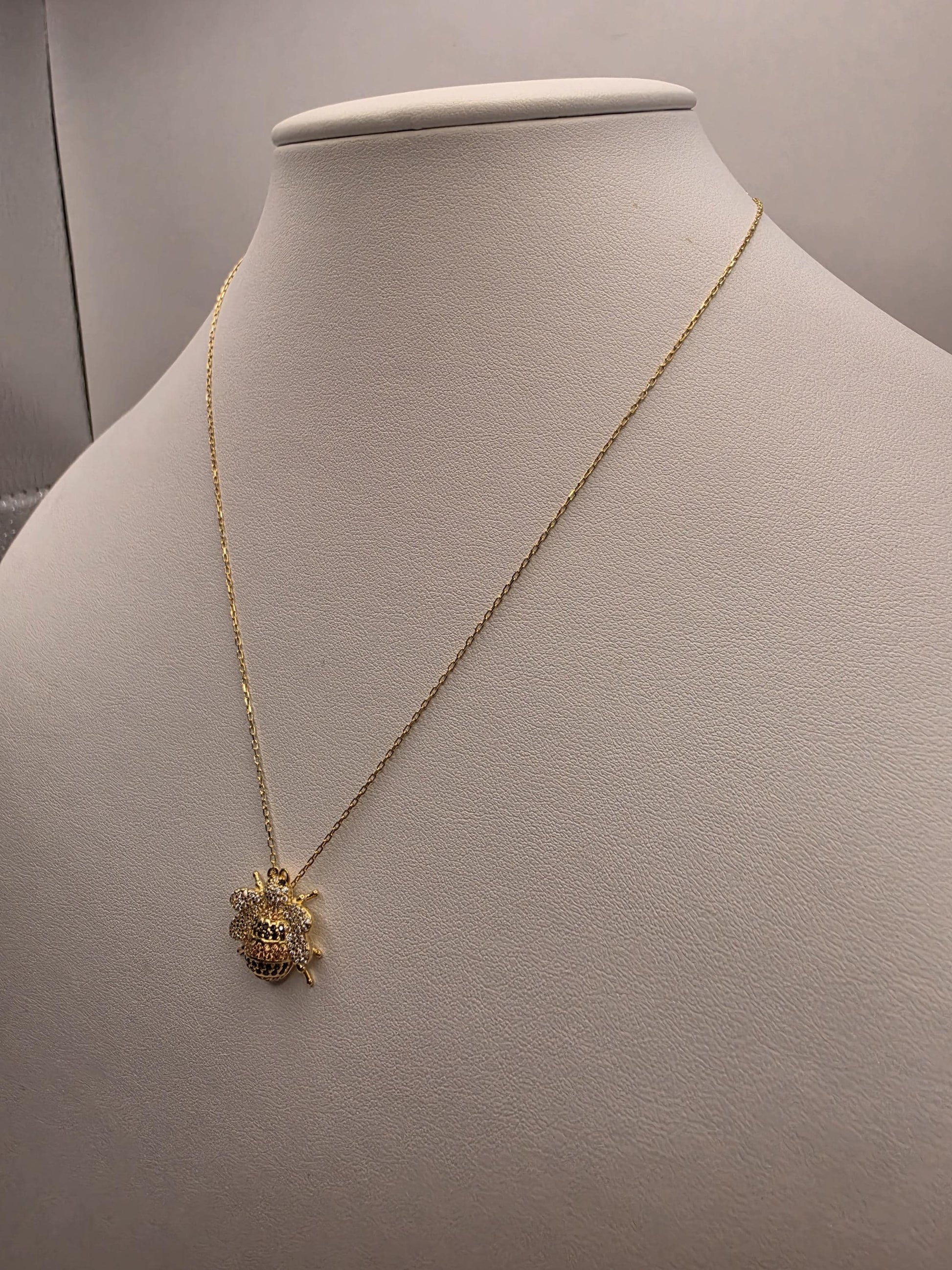 Gold Plated CZ Pave Bumblebee Pendant Necklace | 925 Silver | 17 Inch Cable Chain | .5 Inch Bee Charm