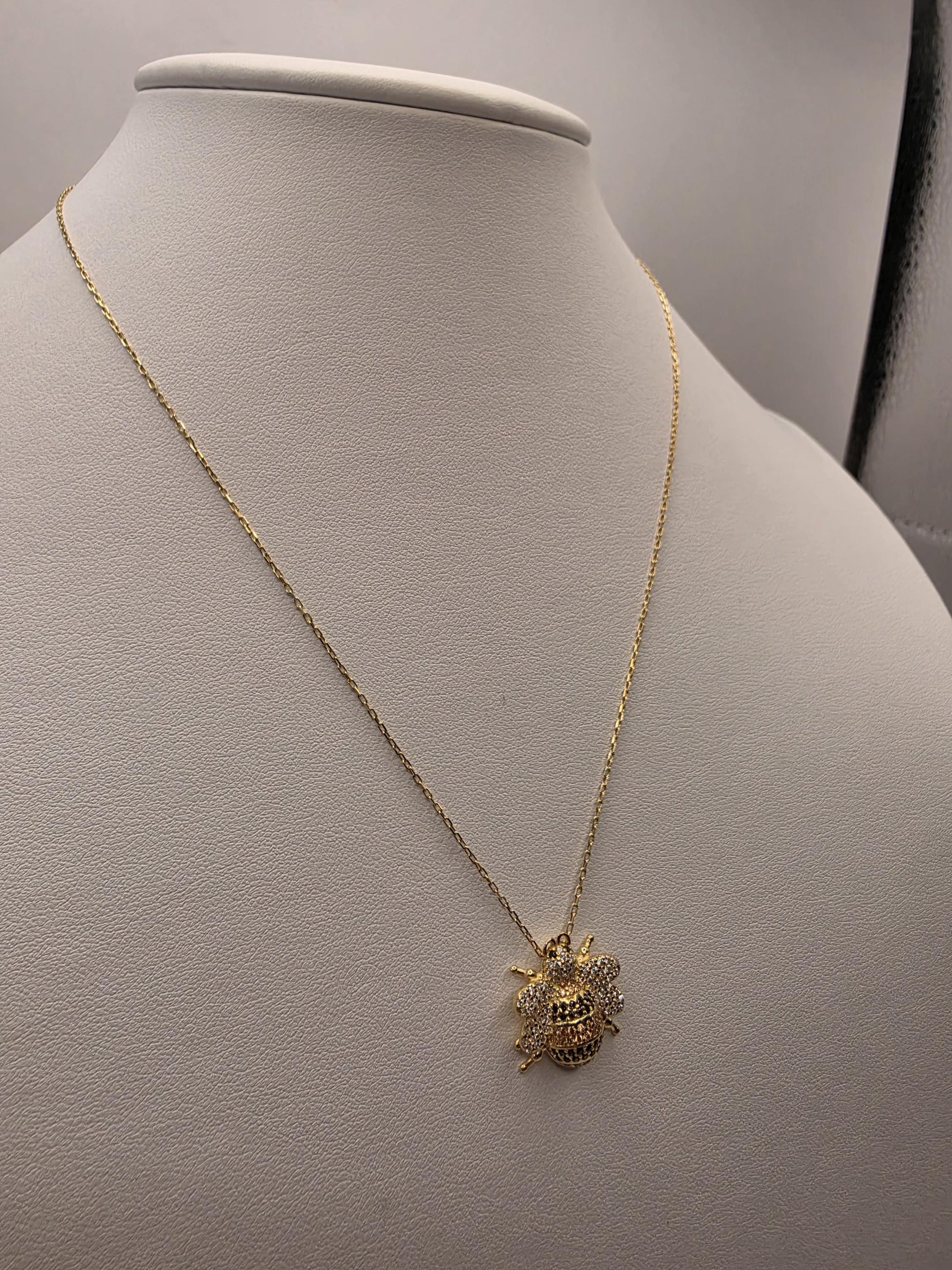 Gold Plated CZ Pave Bumblebee Pendant Necklace | 925 Silver | 17 Inch Cable Chain | .5 Inch Bee Charm | Layering Necklace | Gift for Her