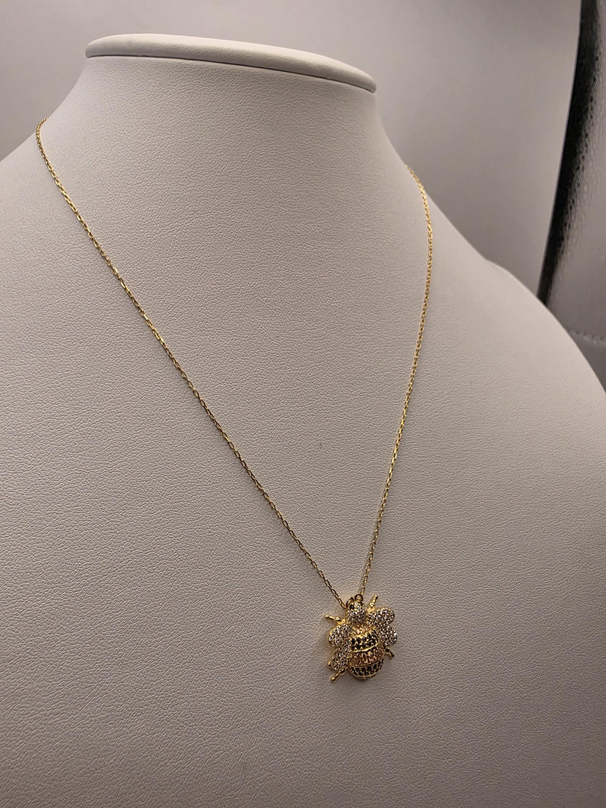 Gold Plated CZ Pave Bumblebee Pendant Necklace | 925 Silver | 17 Inch Cable Chain | .5 Inch Bee Charm