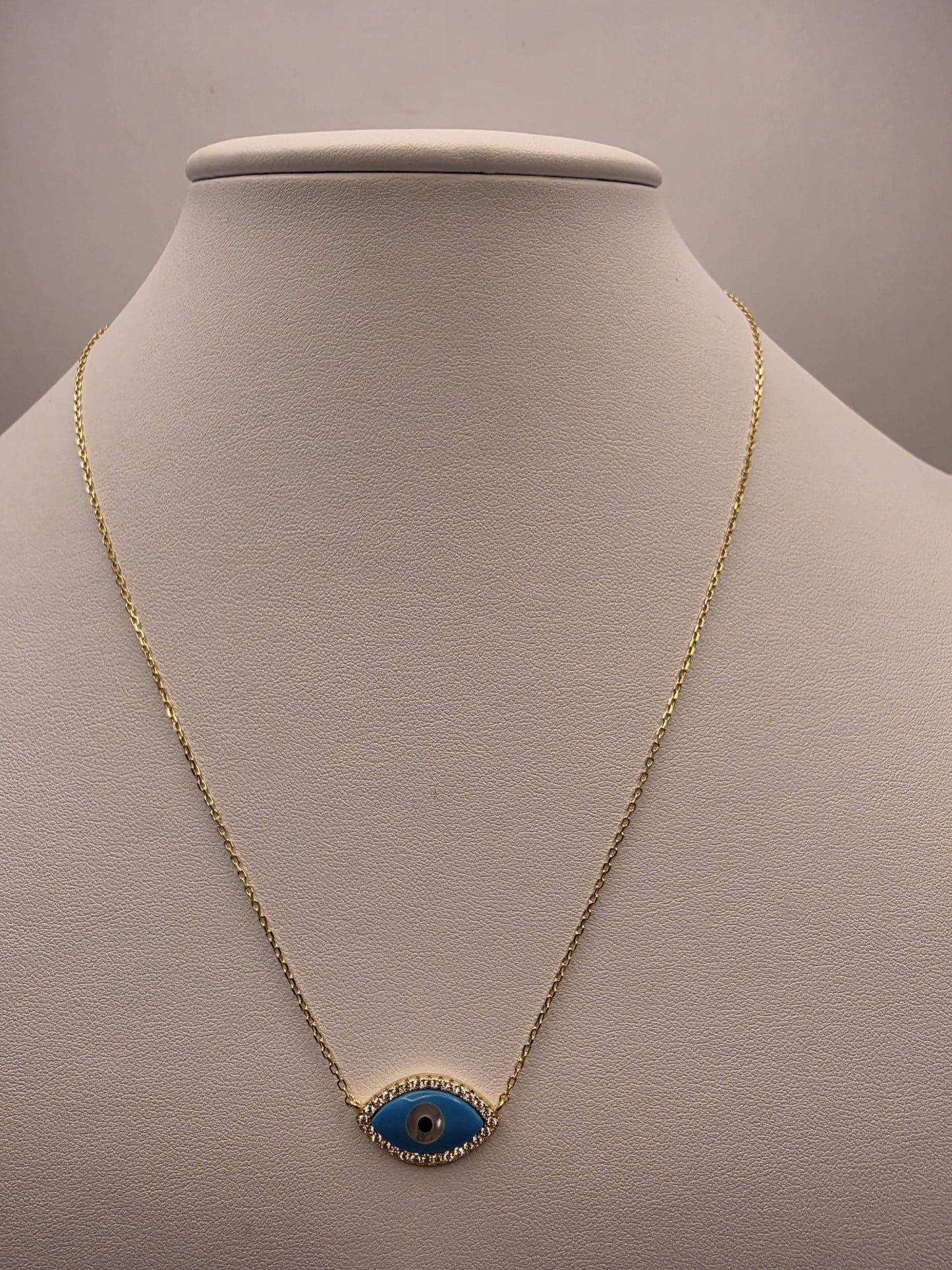 Gold Plated Blue Enamel Evil Eye Necklace | 925 Silver | 18 Inch | CZ Halo Oval Eye Pendant | 11x19mm | Layering Necklace | Gift for Her