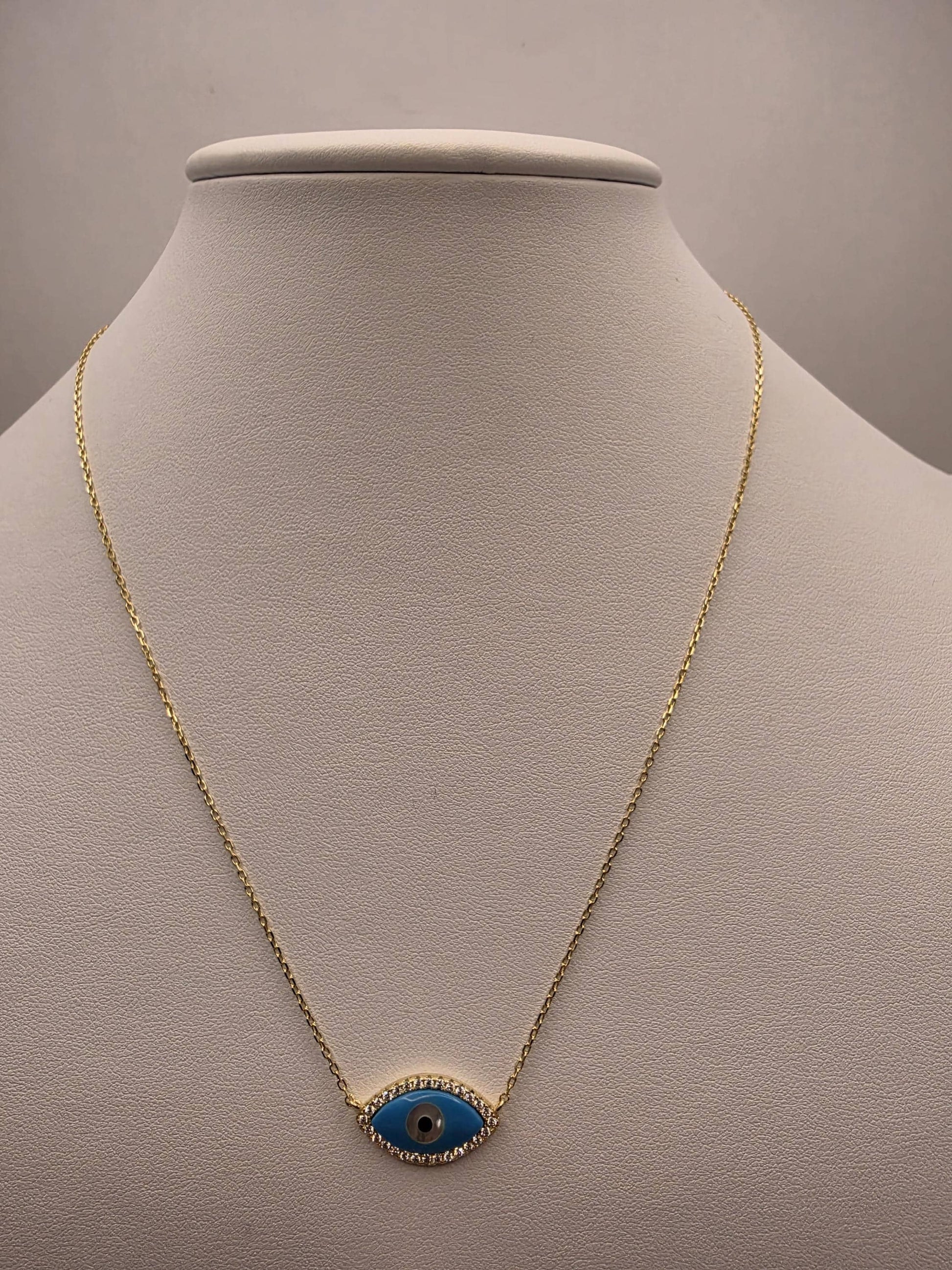 Gold Plated Blue Enamel Evil Eye Necklace | 925 Silver | 18 Inch | CZ Halo Oval Eye Pendant | 11x19mm | Layering Necklace | Gift for Her