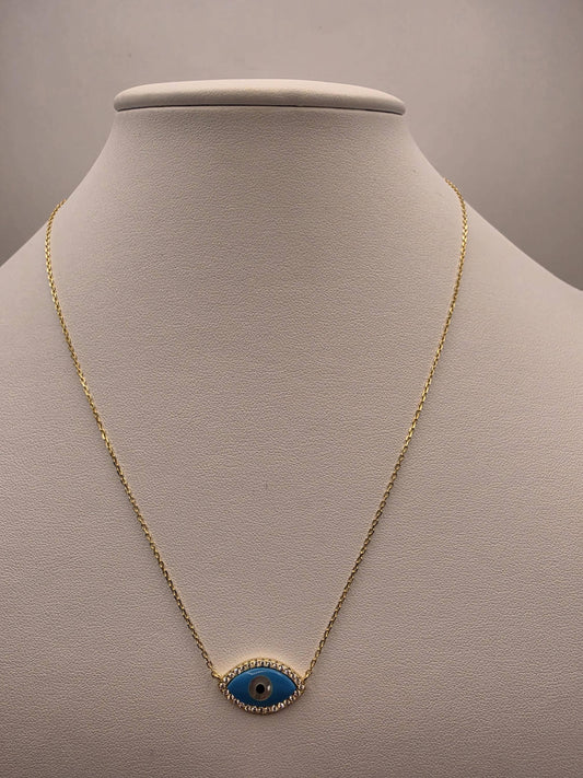 Gold Plated Blue Enamel Evil Eye Necklace | 925 Silver | 18 Inch | CZ Halo Oval Eye Pendant | 11x19mm | Layering Necklace | Gift for Her