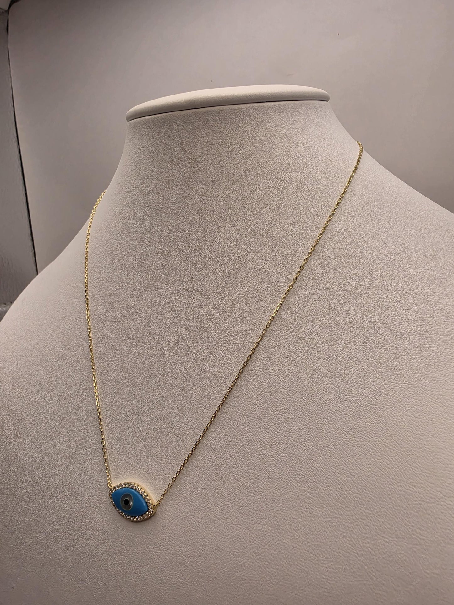 Gold Plated Blue Enamel Evil Eye Necklace | 925 Silver | 18 Inch | CZ Halo Oval Eye Pendant | 11x19mm