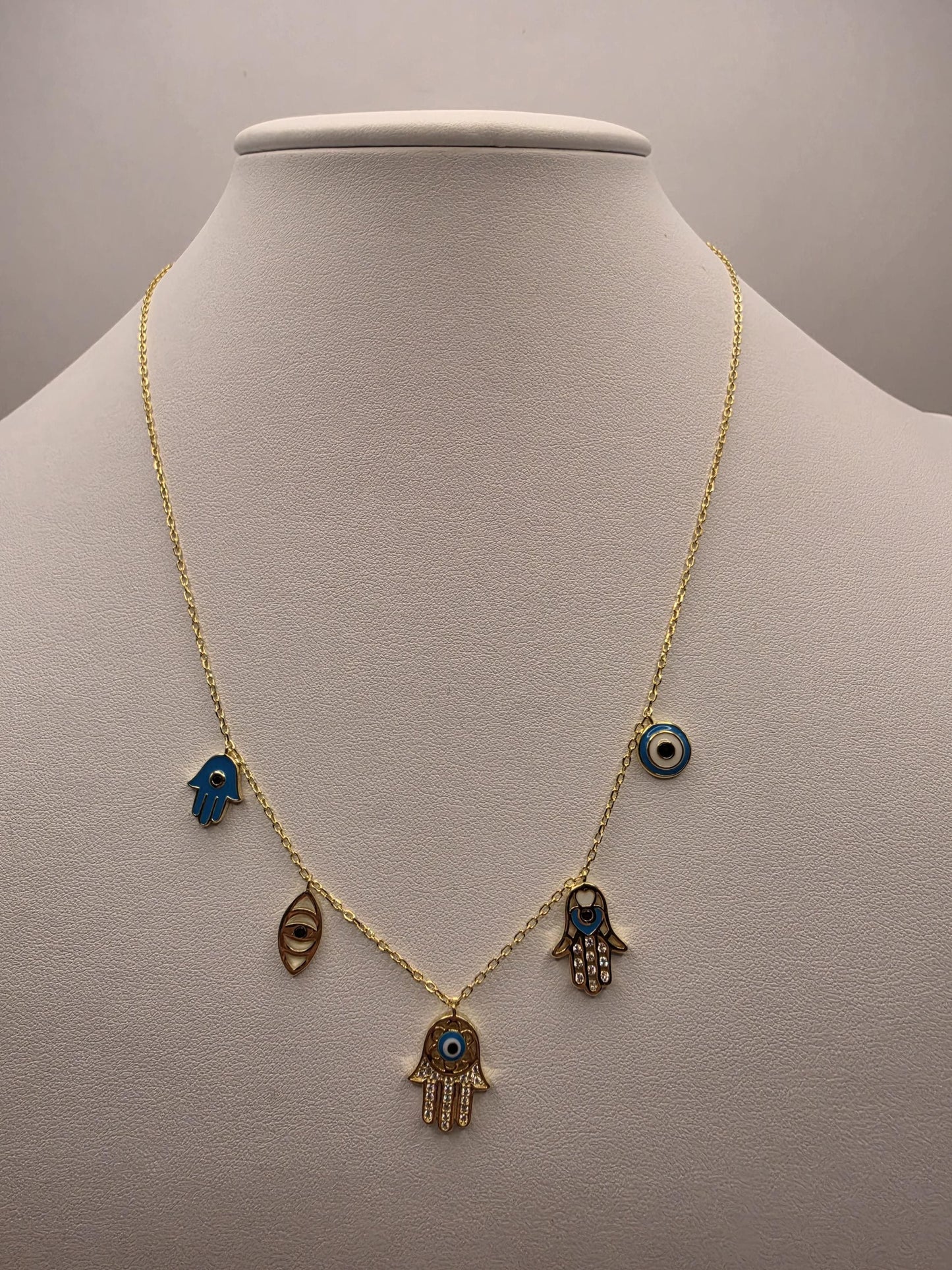 Gold Plated Evil Eye Hamsa Multi-Charm Necklace | 925 Silver | 18 Inch | 5 Dangle Charms | Protection Jewelry