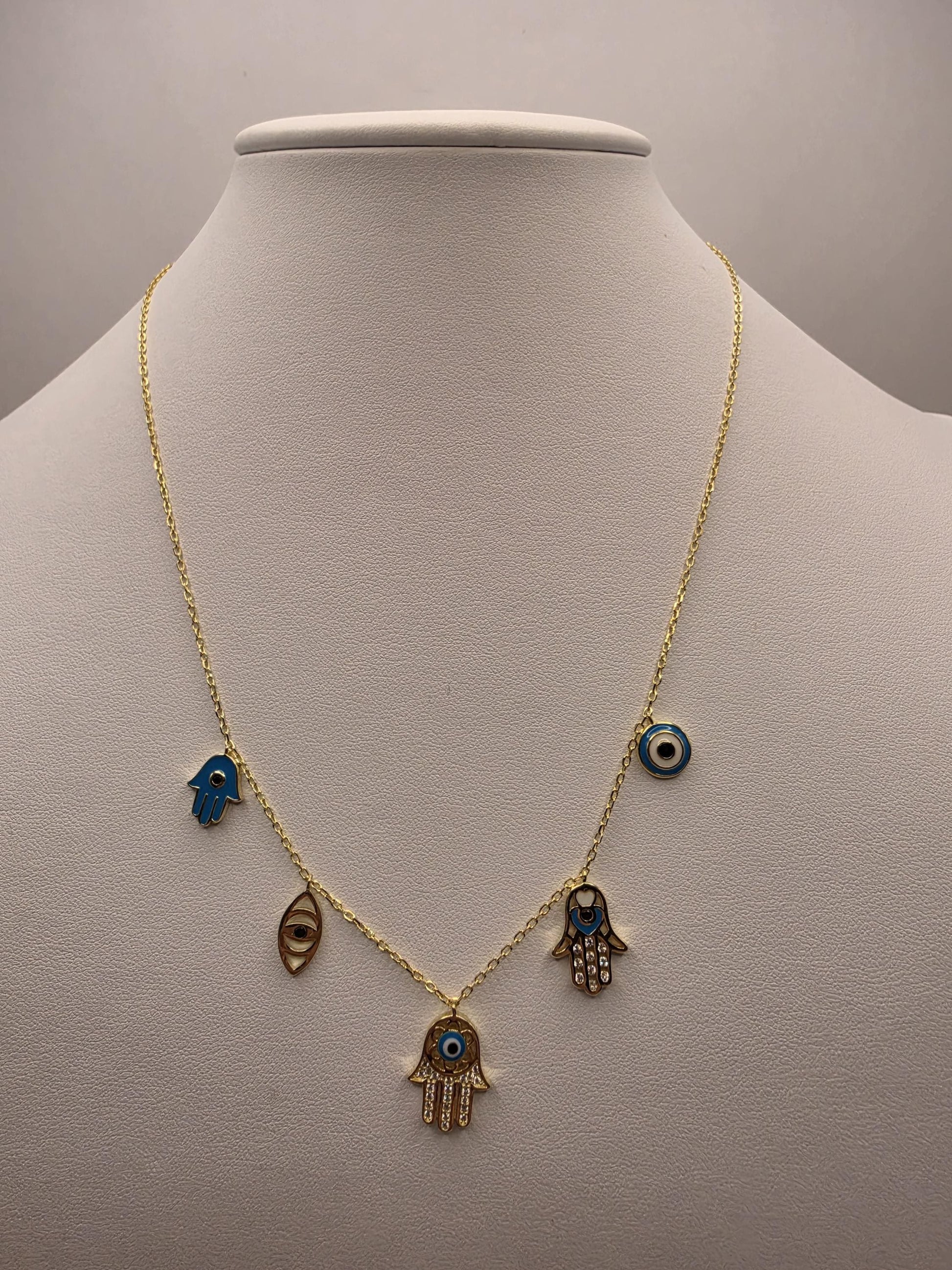 Gold Plated Evil Eye Hamsa Multi-Charm Necklace | 925 Silver | 18 Inch | 5 Dangle Charms | Protection Jewelry