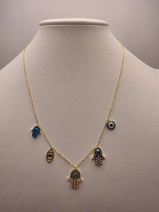 Gold Plated Evil Eye Hamsa Multi-Charm Necklace | 925 Silver | 18 Inch | 5 Dangle Charms | Protection Jewelry