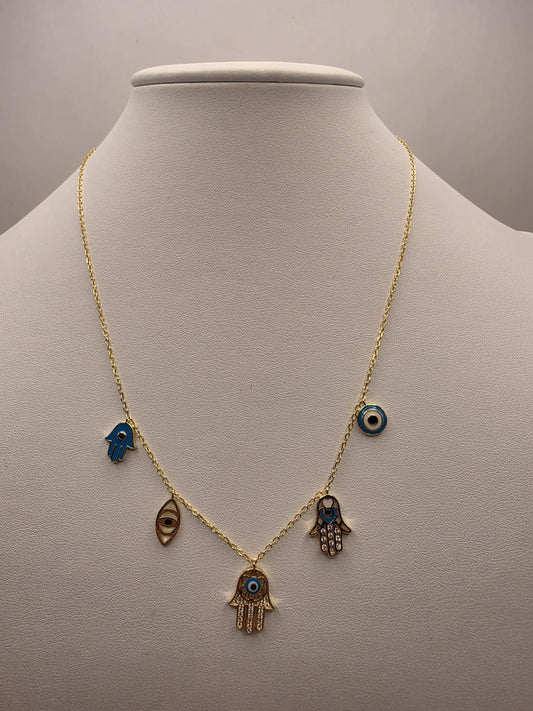 Gold Plated Evil Eye Hamsa Multi-Charm Necklace | 925 Silver | 18 Inch | 5 Dangle Charms | Protection Jewelry | Womens Necklace