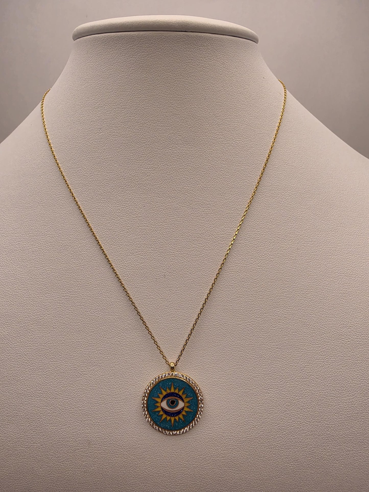 Gold Plated Turquoise Evil Eye Sun Medallion Necklace | 925 Silver | 16–18 Inch | 1 Inch Round Pendant