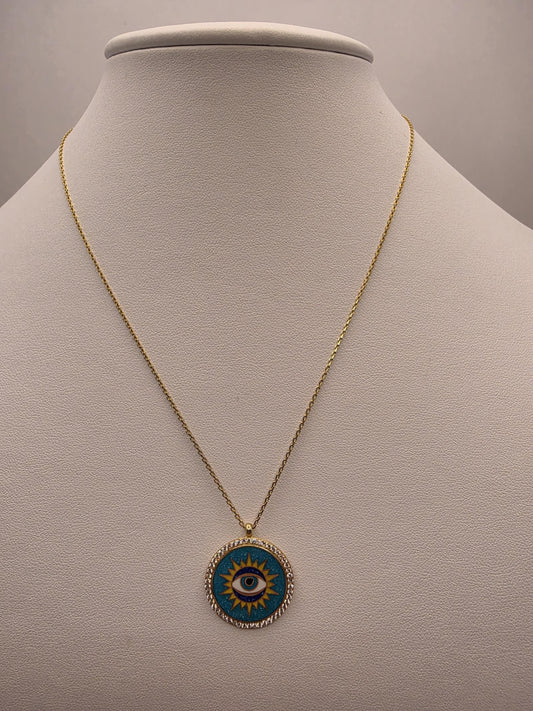 Gold Plated Turquoise Evil Eye Sun Medallion Necklace | 925 Silver | 16–18 Inch | 1 Inch Round Pendant