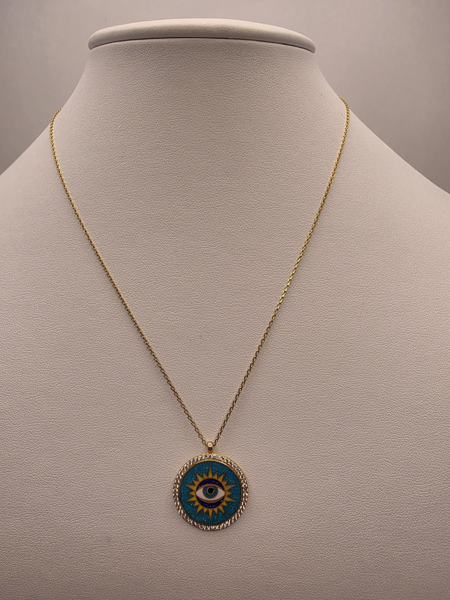 Gold Plated Turquoise Evil Eye Sun Medallion Necklace | 925 Silver | 16–18 Inch | 1 Inch Round Pendant | Womens Necklace | Gift for Her