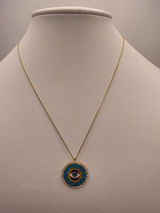 Gold Plated Turquoise Evil Eye Sun Medallion Necklace | 925 Silver | 16–18 Inch | 1 Inch Round Pendant | Womens Necklace | Gift for Her