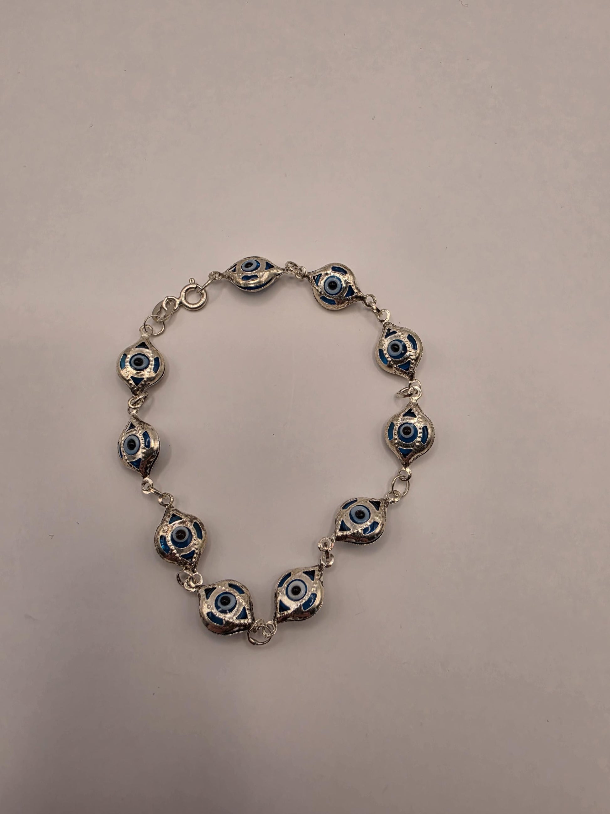925 Sterling Silver Evil Eye Chain Bracelet | 8mm Beads | 7.5" | Protection Jewelry | Blue Enamel | Nazar | Boho | Gift for Her