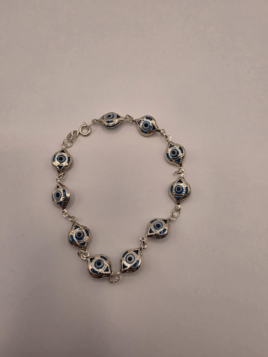 925 Sterling Silver Evil Eye Chain Bracelet | 8mm Beads | 7.5" | Protection Jewelry | Blue Enamel | Nazar | Boho | Gift for Her